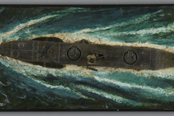 Todd also reproduced the subject of one his paintings into a three- dimensional miniature model of a midget submarine half out of the water, creating wake as it speeds along the surface. National Museum of the Royal New Zealand Navy, 2007.46.1, Guy Todd, [date unknown] © CC BY 4.0.