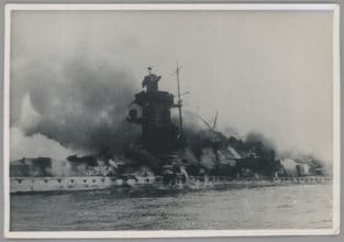 Pocket Battleship Admiral Graf Spee sinking as seen from HMS Achilles