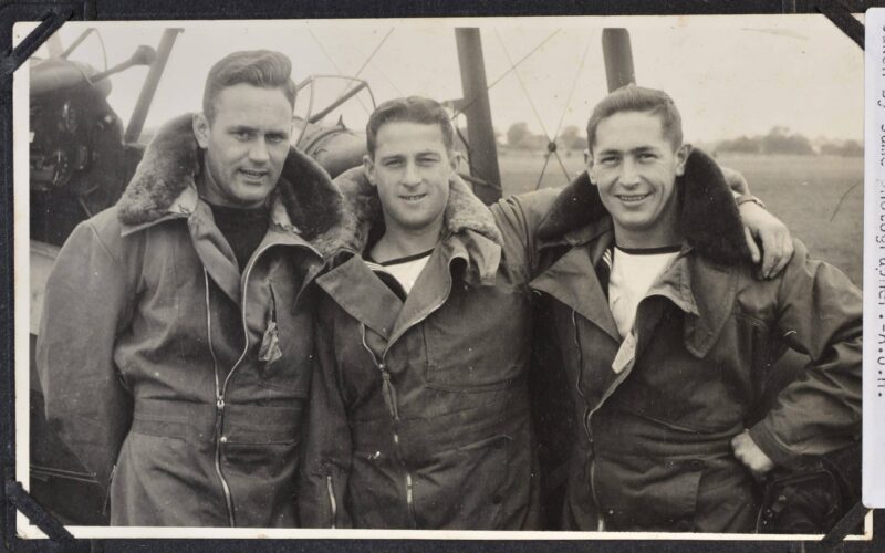 Portrait of Bill Bowe, Doug Meiklejohn and Bernie White at Elmdon. From an album compiled by Bill Bowe. Photographer: R.W. Brown. From the collection of the National Museum of the Royal New Zealand Navy. Crown Copyright CC-BY NC 4.0. 2014.32.28.P.3.