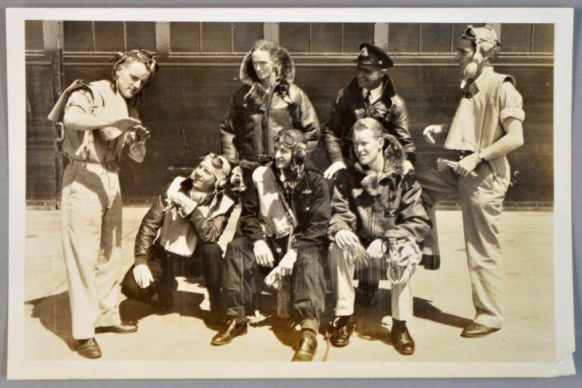 Group portrait of unidentified FAA pilots from the album of Sub Lieutenant Owen (Lefty) Munro. From the collection of the National Museum of the Royal New Zealand Navy, Crown Copyright CC-BY NC 4.0 2014.32.31.p16.1