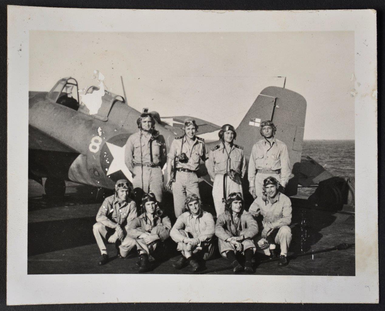 Group portrait of unidentified FAA personnel, including Sub Lieutenant (A) Owen (Lefty) Munro from the album of Sub Lieutenant Owen Munro. From the collection of the National Museum of the Royal New Zealand Navy, Crown Copyright CC-BY NC 4.0 2014.32.31.p37.4