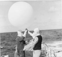 Releasing weather balloon on HMNZS Otago, Mururoa 1973