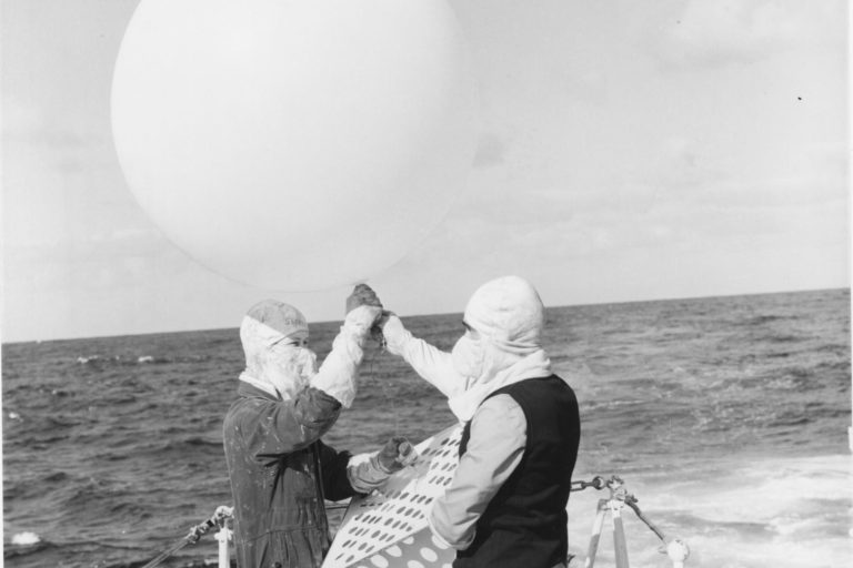 AAU 0702 Otago Mururoa 1973 weather ballon Releasing weather balloon on HMNZS Otago, Mururoa 1973