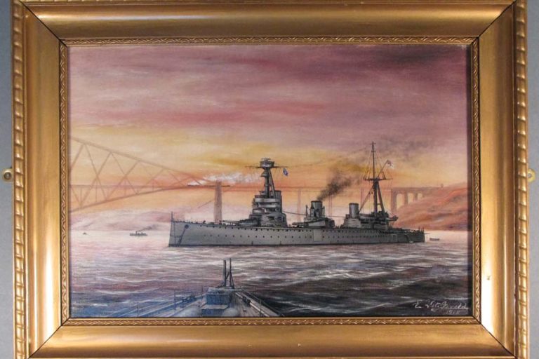 Oil painting of HMS New Zealand against Forth Bridge, 1918, by Chief Quartermaster Edward Fitzgerald Oil painting of HMS New Zealand against Forth Bridge, 1918, by Chief Quartermaster Edward Fitzgerald