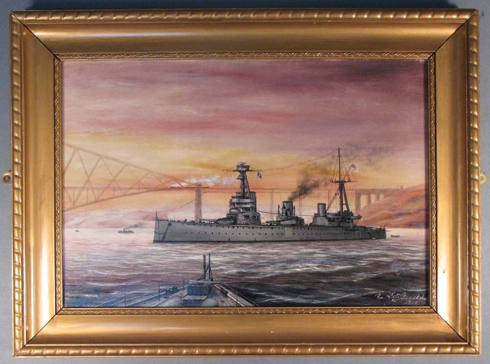 Oil painting of HMS New Zealand against Forth Bridge, 1918, by Chief Quartermaster Edward Fitzgerald