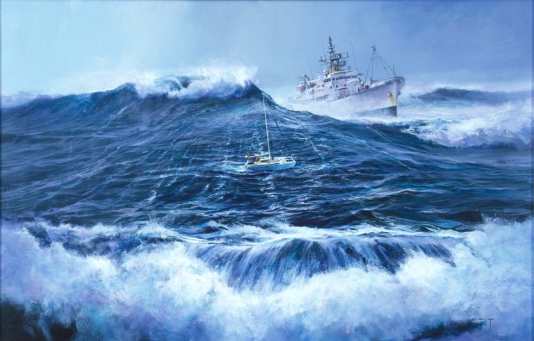 Commonly nicknamed the 'Ghost of the Coast' for her remapping of the New Zealand coastline, the hydrographic survey vessel, HMNZS Monowai (A06) is represented in this work during her famous rescue mission. The crew of Monowai were responsible for saving eight lives during the 1994 Auckland to Tonga Yacht Regatta, in what became New Zealand's largest marine rescue operation. When an unforeseen storm approached at speed, there was little the competing yachts could do to avoid the dangerous conditions. Monowai and her crew successfully rescued the crew of three yachts in treacherous and hazardous waters. Acrylic polymer on panel, 1994.