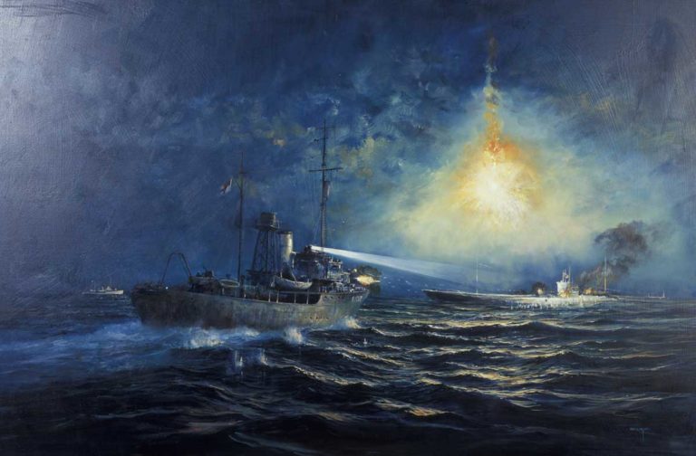 In 1943 while patrolling off the coast of Guadalcanal in the Solomon Islands, HMNZ ships Kiwi (T102) and Moa (T233) engaged and sunk the Japanese Submarine I-1. kiwi is in the foreground of this painting, while Moa is in the background. During the fierce battle, Leading Signalman Campbell Buchanan successfully kept Kiwi's searchlight on the enemy submarine for the gunners and continued to remain at his post even though he was mortally wounded. The battle lasted almost an hour and the I-1 was eventually sunk on a reef after Kiwi managed to ram it three times and Moa pursued the damaged submarine. Framed painting, 1999.