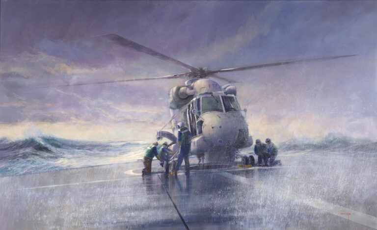 Framed painting, 2005. This work portrays a Seasprite helicopter (SH-2G) operating from an Anzac frigate. New Zealanders have been involved with naval flying since the formation of the Royal Naval Air Service in 1914 and later with the Fleet Air arm. The Royal New Zealand Navy began operating their own Wasp helicopters in the 1960s and transitioned to Seasprites in 2000. Since 2005, the RNZN's air element has been operated by No 6 Squadron of the Royal New Zealand Air Force. The Seasprites are flown by Navy aircrew and maintained by RNZAF personnel. Framed painting, 2005.