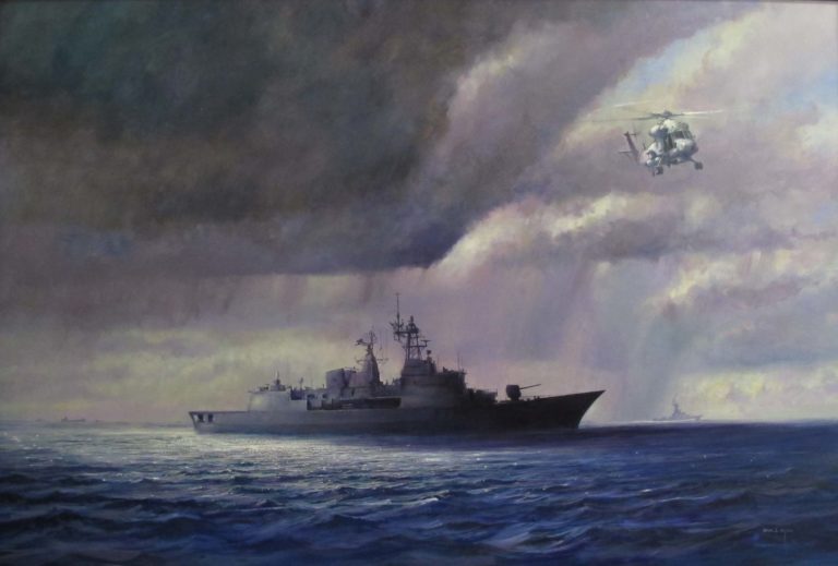 Since 1971, New Zealand has been a member of the Five Power Defence Arrangements (FPDA), a defence agreement between Australia, United Kingdom, Malaysia and Singapore. As well as having strategic benefit, the arrangement also culminates in yearly joint exercises on land, sea and air. This painting shows the Anzac-class frigate HMNZS Te Kaha (F77) with a Seasprite taking part in a FPDA exercise in the South China Sea in 2004. Framed oil painting, 2006.