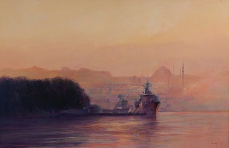 In 2015, the Anzac-class frigate HMNZS Te Kaha (F77) travelled 14,000 nautical miles to Turkey to mark the 100th anniversary of the Gallipoli landings. She sailed across the Indian Ocean, Gulf of Aden, Red Sea and through the Suez Canal in remembrance of the ANZAC soldiers and seamen who had served 100 years before. Te Kaha joined Australian, British, French and Turkish war ships that had gathered together for the event. Oil painting,