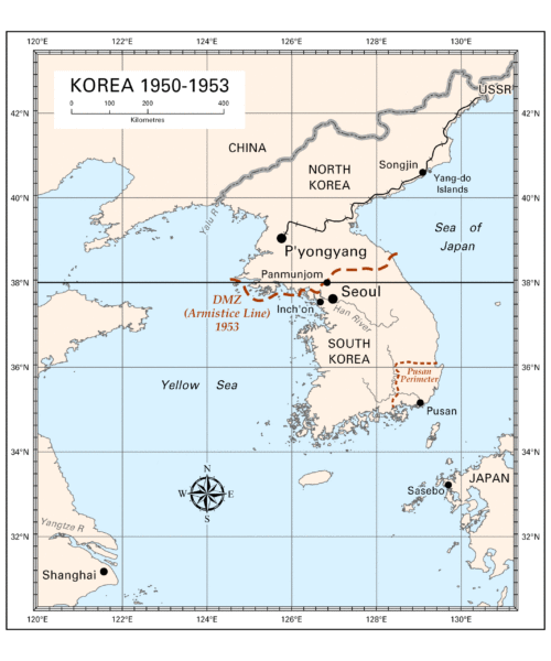 The main ports and the 38th Parallel which marked off North from South Korea are shown here.