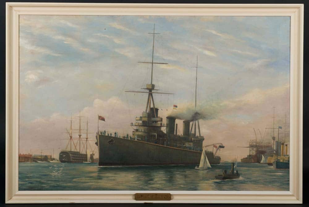 Painting HMS New Zealand sailing into Portsmouth won in a raffle to raise funds for WWI war effort
