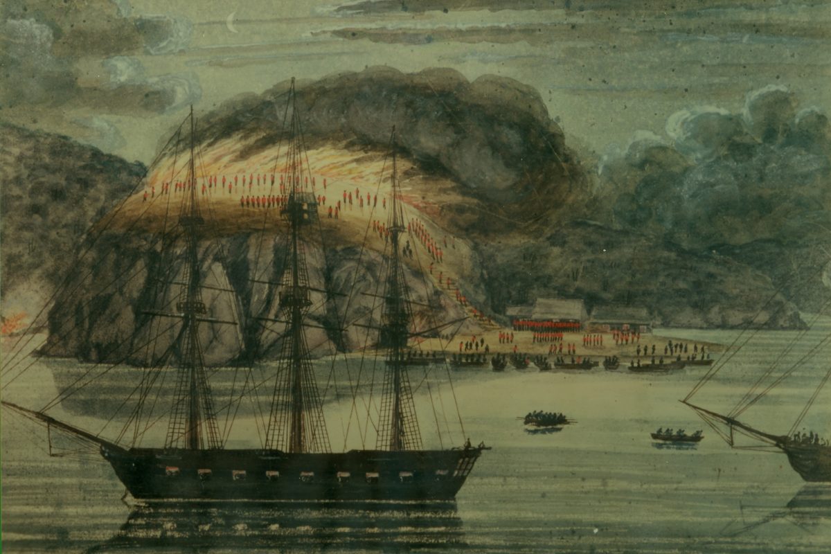 Print of a watercolour by John Williams depicting HMS North Star destroying Pōmare's pa at Ōtūihu, 30 April 1845.