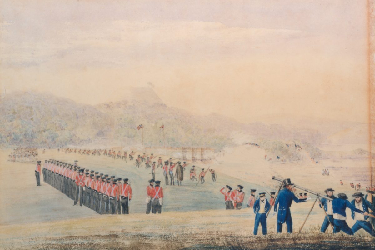 Print of a watercolour by Cyprian Bridge depicting the assault on Te Kahika Pā / Puketutu, 8 May 1845.