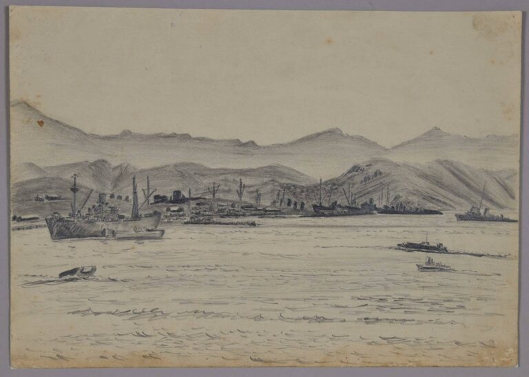 Pencil drawing of an Americal liberty ship in Noumea, by Miles Spence, 1942.