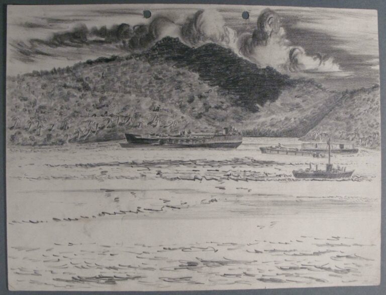 Pencil drawing of vessels at anchor in Tulagi Harbour, by Miles Spence, 1943.