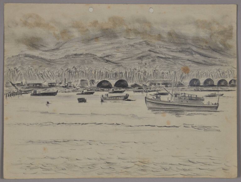 Pencil drawing of vessels anchored off Lunga Point, Solomon Islands, during World War Two. By Miles Spence.