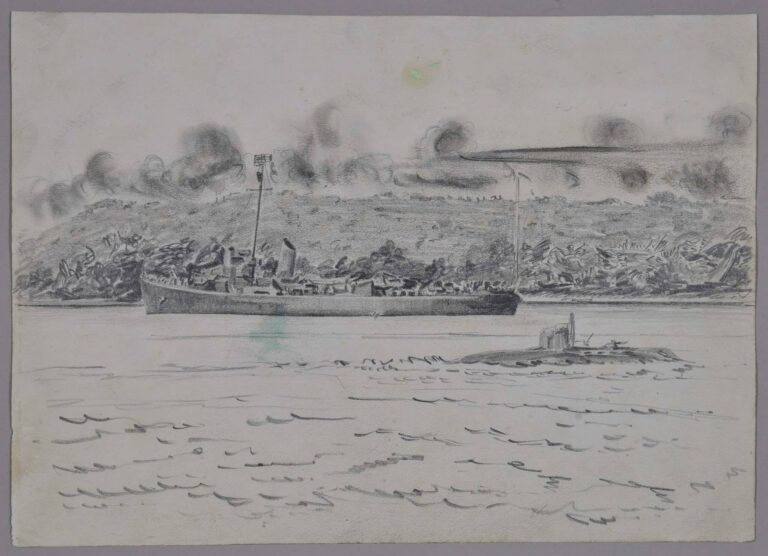 Pencil drawing of a naval destroyer and a submarine off the coast of Vanuatu, 1944, by Miles Spence.