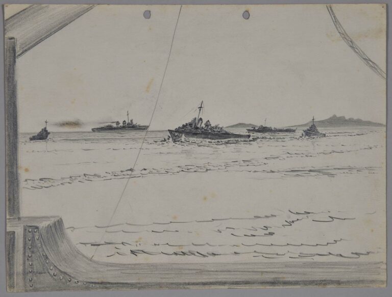 Pencil drawing of American destroyers at sea, World War Two, by Miles Spence.