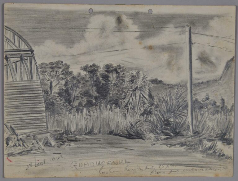Pencil drawing of a military encampment on Guadalcanal, 1943, by Miles Spence.
