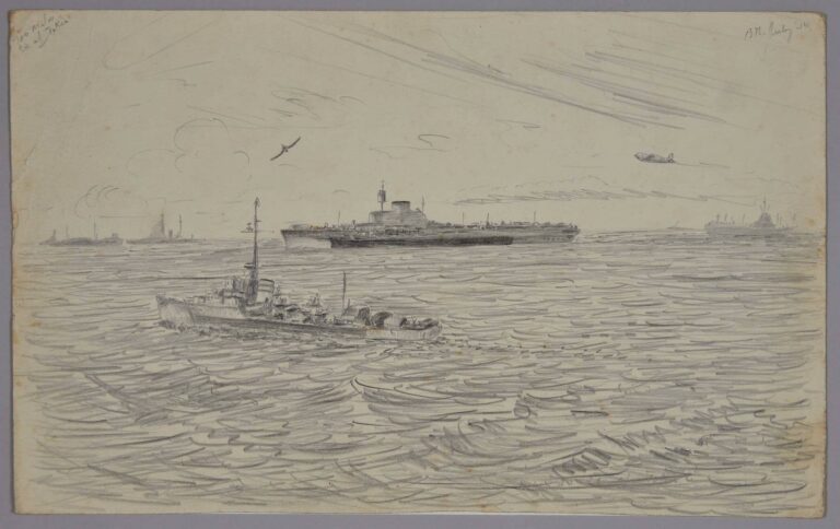 Pencil drawing of HMS Implacable at oiling stations, 1945, by Miles Spence.