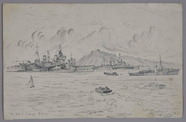 Pencil drawing of ships at oiling stations in Leyte Harbour, Philippines, 1945, by Miles Spence.