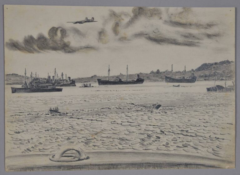 Pencil drawing of a coastal view of Advanced Naval Base Espiritu Santu and American ships, Vanuatu, by Miles Spence.