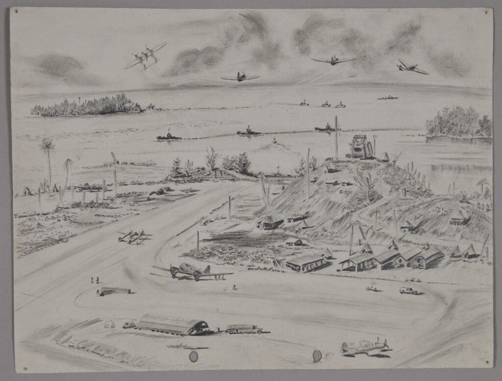 Pencil drawing of a signal station on New Georgia Island, Solomon Islands, date unknown, by Miles Spence.