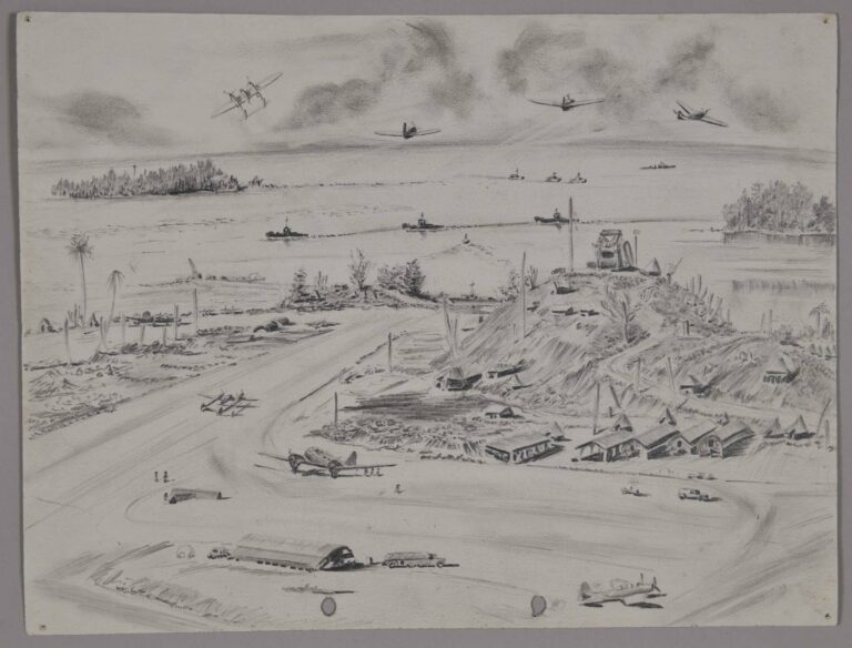 Pencil drawing of a signal station on New Georgia Island, Solomon Islands, date unknown, by Miles Spence.