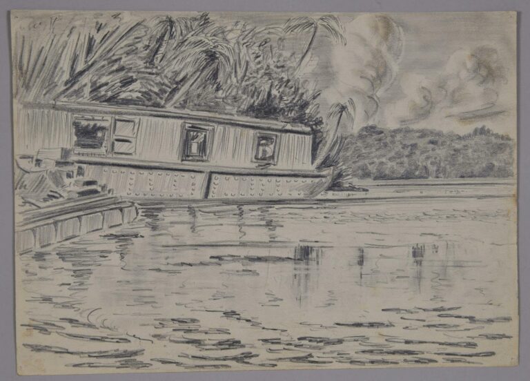 Pencil drawing of a Japanese barge at Sassaville Island, 1944, by Miles Spence.
