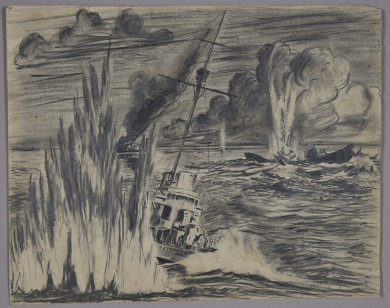 Pencil drawing of a submarine under attack in the Indian Ocean, 1941, by Miles Spence.