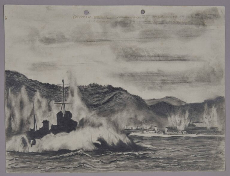 Pencil drawing of a convoy of British ships under attack by Japanese aircraft, date unknown, by Miles Spence.