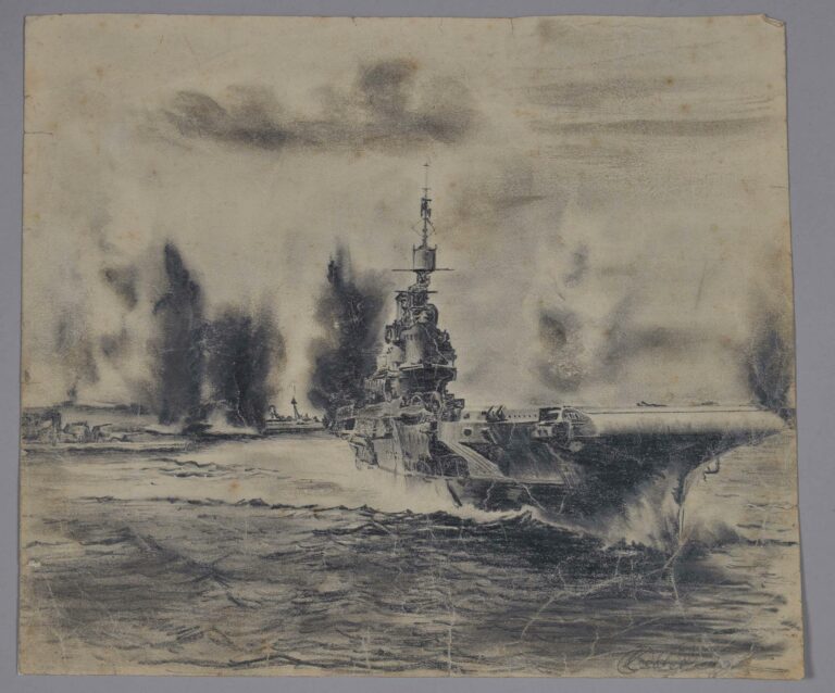 Pencil drawing of HMS Illustrious at sea, 1941, by Miles Spence.