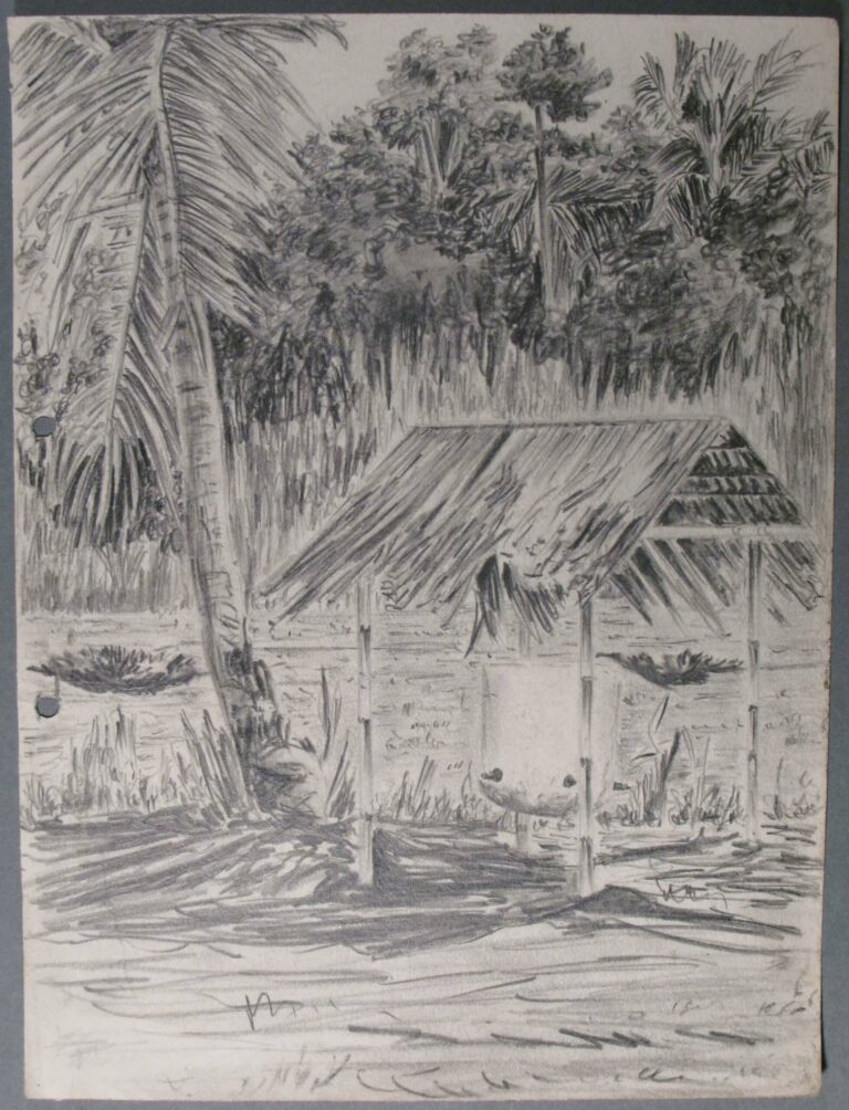 Pencil drawing of a small shelter on an unnamed beach, Guadalcanal, Solomon Islands, 1943, by Miles Spence.