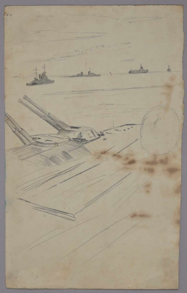 Pencil drawing of ships crossing the equator, date unknown, by Miles Spence.
