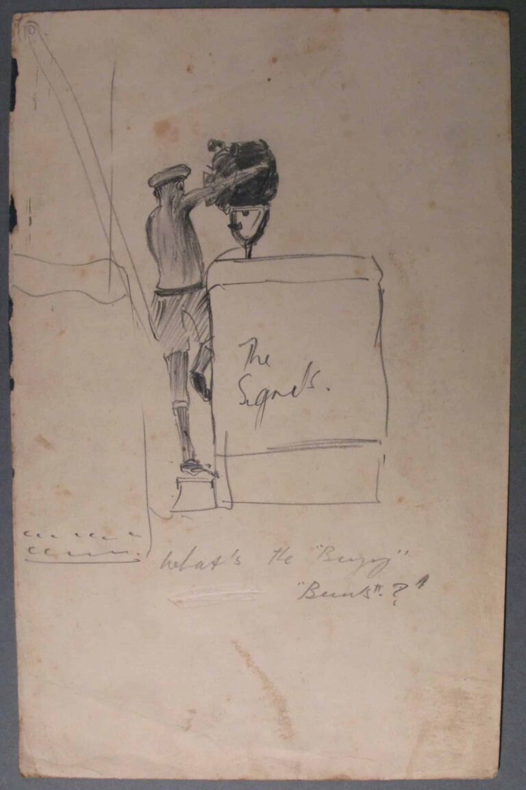 Pencil drawing of a signalman using an Aldis lamp to send messages via morse code, by Miles Spence.