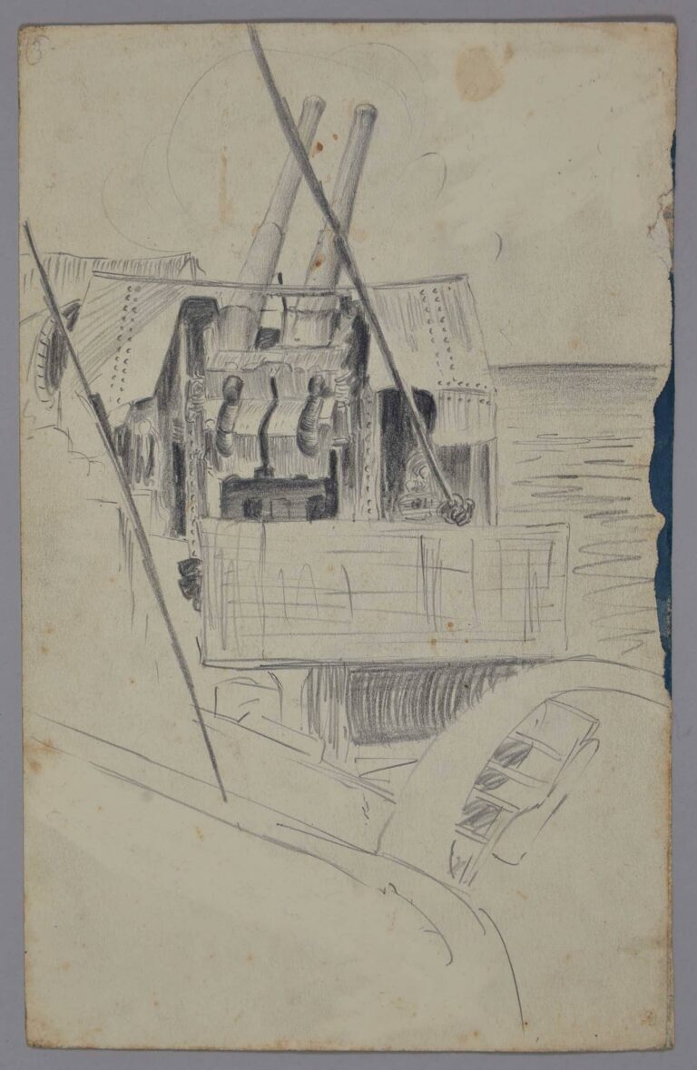 Pencil drawing of a 4-inch gun on the merchant cruiser Glenearn, date unknown, by Miles Spence.