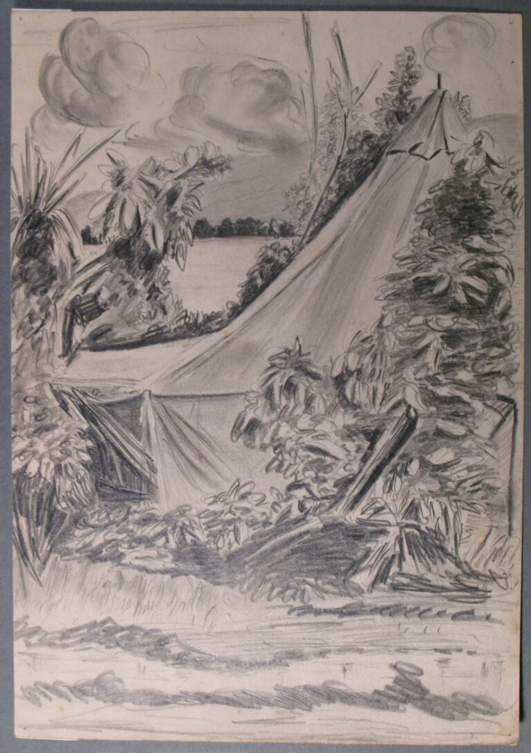 Pencil drawing of a tent erected in a jungle setting, Solomon Islands, by Miles Spence.