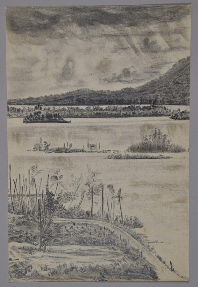 Pencil drawing of a view across the Rendova Straits, Solomon Islands, 1944, by Miles Spence.