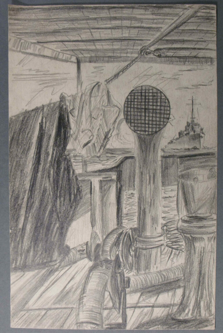 Pencil drawing of the deck of a ship, 1945, by Miles Spence.