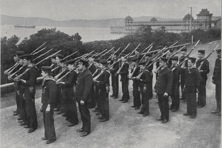 crew-in-formation-Amokura The Crew of the New Zealand training-ship Amokura ashore at Wellington in company formation.