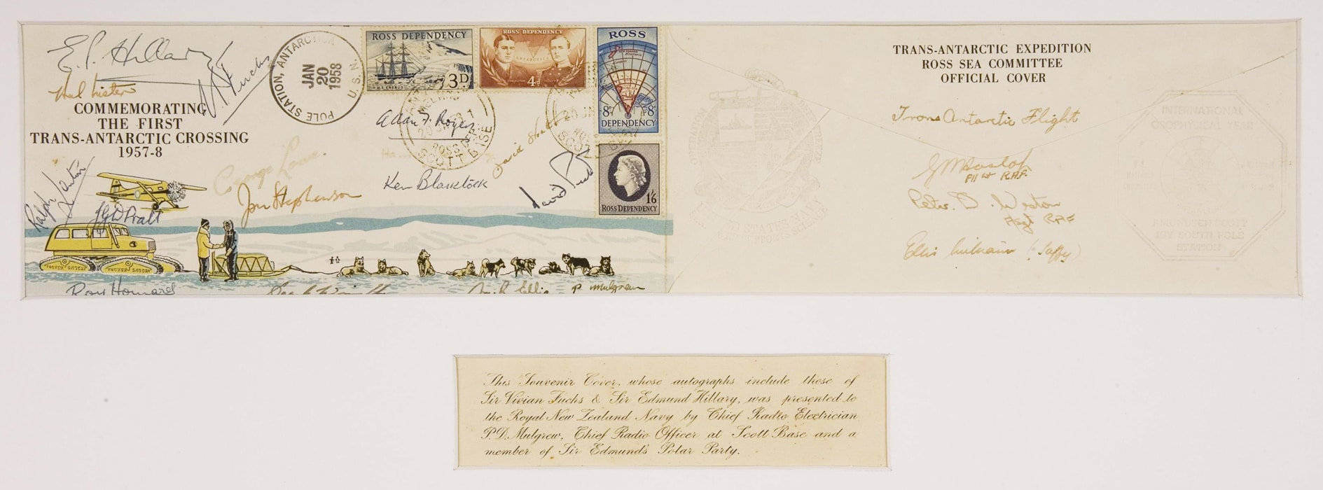 Framed first day cover commemorating the Trans-Antarctic crossing, 1958. Signed by Sir Vivien Fuchs and Sir Edmund Hilary