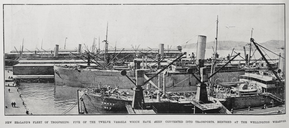 New Zealand’s fleet of troopships: Five of the twelve vessels which have been converted into transports, berthed at the Wellington wharves.